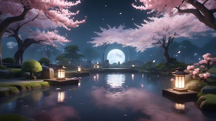 Moonlit Sakura Garden: A tranquil anime landscape of a cherry blossom garden at night
