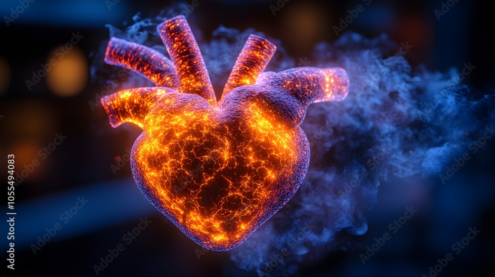 Poster fiery glowing heart concept abstract 3d rendering with intense flames,embers,and bright orange-red c