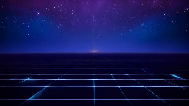 Futuristic retro landscape. Digital cyber surface with neon light grid. Cyberspace or metaverse. Technology, ai and vr concept. Virtual reality. 80s and 90s retrowave, synthwave, vaporwave style