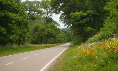 Fototapeta premium 시골길 도로옆 예쁘게 나무와 꽃이 만발해있다.