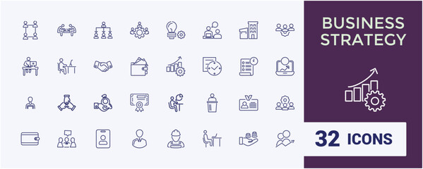 Set of Business and Consulting line icons. Containing office, team, presentation, sign, set, line and more. Minimalist thin linear icon. Editable stroke.