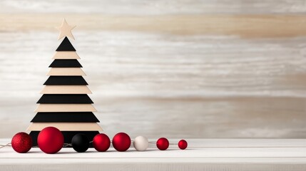  A small black-and-white Christmas tree sits on a white wooden table, adorned with red and white baubles against a wooden background