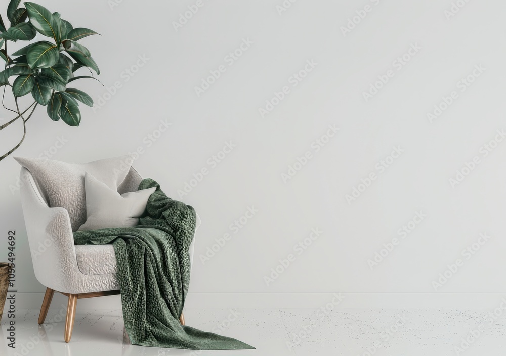 Wall mural a white armchair with green throw blanket and a plant in a pot against a blank wall