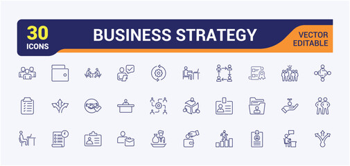 Set of Business and Consulting line icons. Containing office, team, presentation, sign, set, line and more. Minimalist thin linear icon. Editable stroke.