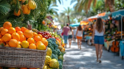 A market with colorful stalls offering fresh fruit, vegetables and handmade goods.