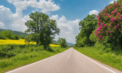 시골길 도로옆 예쁘게 나무와 꽃이 만발해있다.