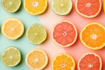 Fototapeta premium A creative flat lay of citrus fruit slices arranged in a geometric pattern, featuring oranges, lemons, limes, and grapefruits, on a pastel-colored background, emphasizing symmetry and vibrant hues.