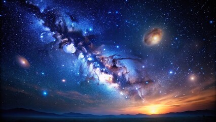 Fototapeta premium Dark blue night sky with stars and galaxies in the foreground, set against a distant galaxy cluster, dark blue, universe, cosmic dust, celestial bodies