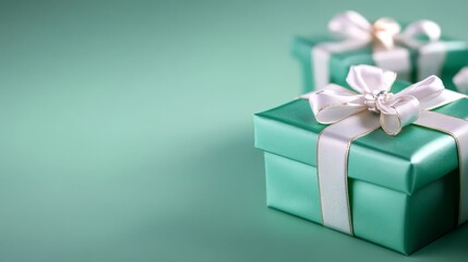  A green gift box, adorned with a white ribbon and a bow atop, sits against a verdant background