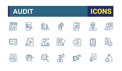 Accounting and Audit thin line icon set. Contains related to inspecting, concept, bank, management, check, audit, rate and more. Thin UI icon design. Editable stroke.
