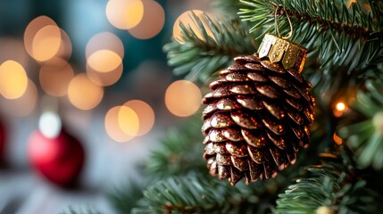  A tight shot of a pine cone ornament on a Christmas tree against a backdrop of twinkling lights