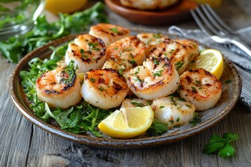 A delicious citrus-infused seafood dish, with grilled shrimp and scallops, garnished with lemon and lime wedges, served on a ceramic plate with a side of fresh greens, on a rustic wooden table.