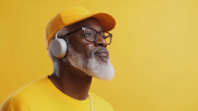 An elderly Black man listens to music, wearing a headphone mockup against a bright yellow backdrop