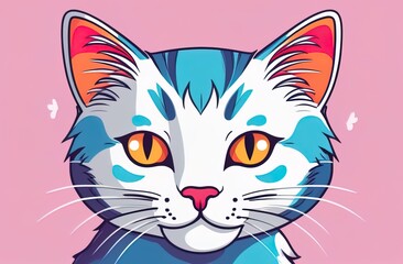 Obraz premium A vibrant, stylized close-up illustration of a cat with striking orange eyes and detailed blue-gray fur patterns, set against a soft pink background.