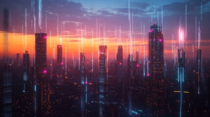 Fototapeta premium A city skyline at dusk, with glowing digital lines representing data and cybersecurity flowing across the sky