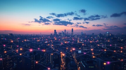 Fototapeta premium A city skyline at dusk, with glowing digital lines representing data and cybersecurity flowing across the sky