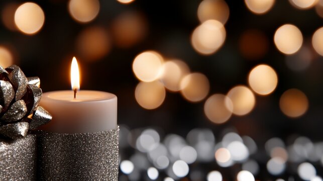  A tight shot of a candle atop its holder against a softly blurred backdrop featuring a pine cone