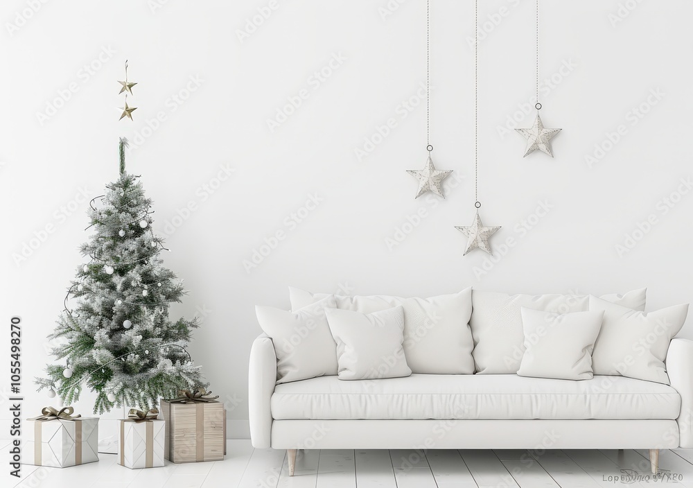 Wall mural minimalist white christmas living room with a christmas tree. presents. and star ornaments