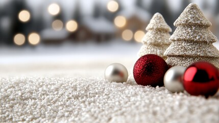  Three Christmas trees, each standing tall, are positioned on a pristine white carpet A red and silver ornament sits nearby