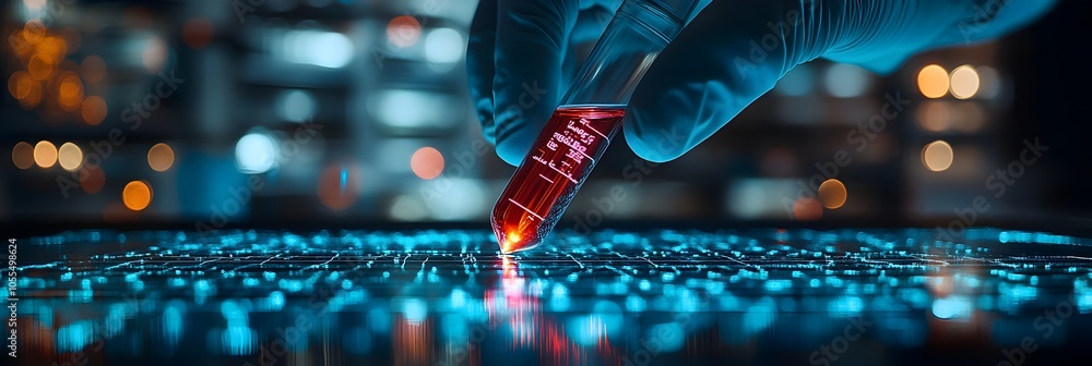 Aufkleber futuristic digital pipette handling a colored liquid sample in a modern high-tech laboratory setting