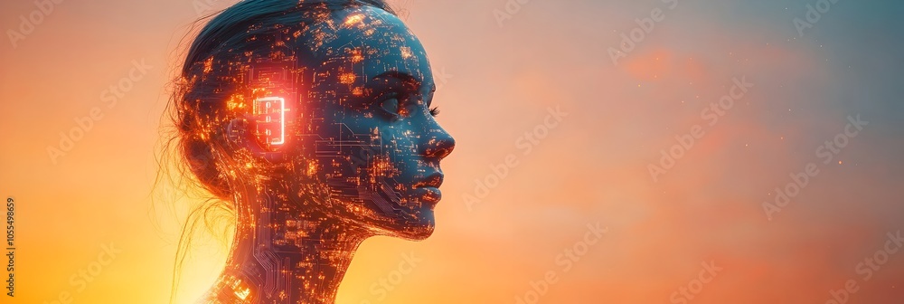 Aufkleber futuristic digital of an intelligence cyborg head with a glowing,data-filled digital mind floating i
