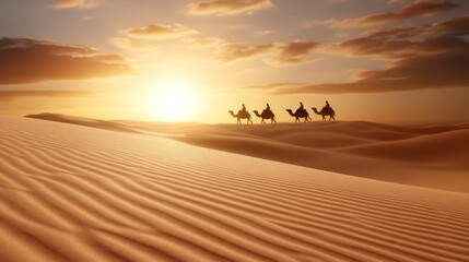 people atop camels Camels' humps silhouetted against the backdrop of the setting sun