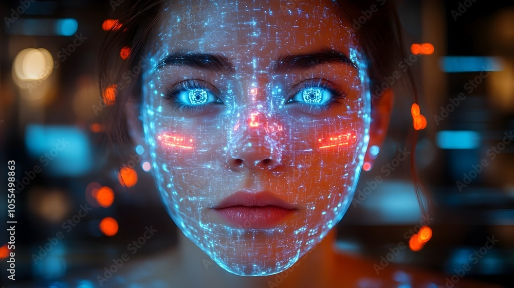Aufkleber futuristic digital scene depicting ai-controlled holographic avatars manipulating human interactions