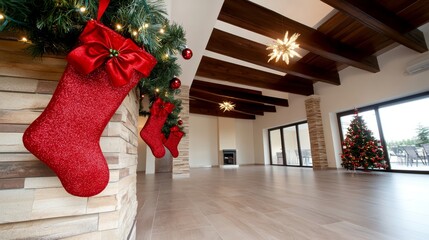  A Christmas stocking on a wall in a spacious room with a fireplace and a Christmas tree in the corner
