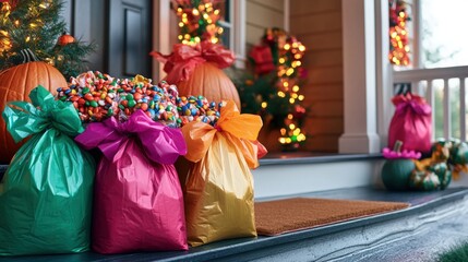 Colorful bags of candy and decorative pumpkins on a porch during autumn festivities