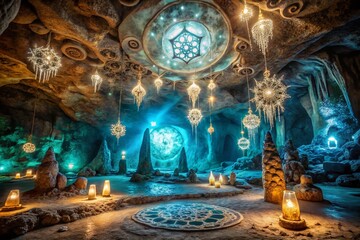 Fototapeta premium Mystical Cave with Glowing Crystals and Ancient Symbols in Panoramic View