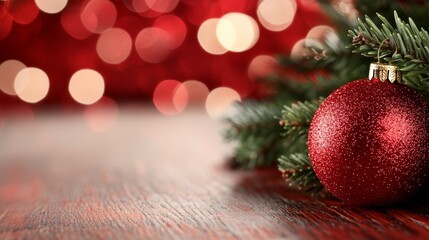  A red ornament atop a wooden table, nearby a Christmas tree adorned with twinkling lights