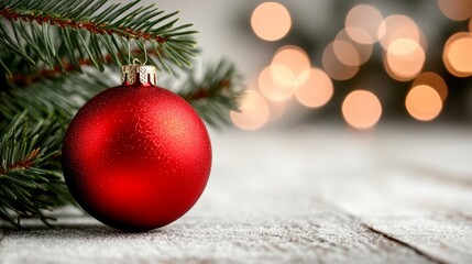  A red ornament atop a wooden table, nearby a Christmas tree adorned with twinkling lights