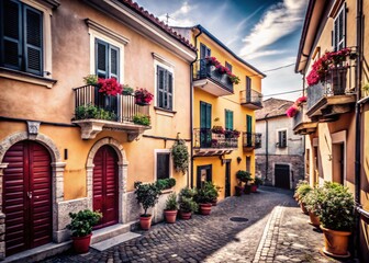 Fototapeta premium Narrow Italian Street with Yellow Three-Storey Houses in High Dynamic Range