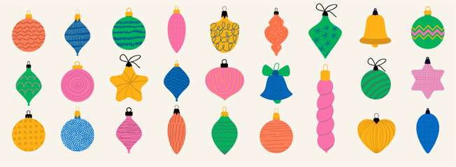 Vector set of Christmas tree ornaments isolated on white background. Colorful vivid Christmas balls in red, green, blue, gold and pink colors.