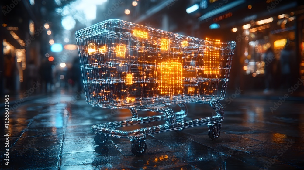Poster Futuristic neon-lit shopping cart floating in a blurred,motion-filled urban cityscape at night. The cart appears to be part of a digital matrix or network.