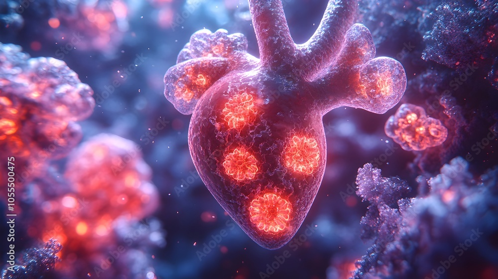 Poster glowing anatomical heart cell structure with virus infection concept. digital 3d of a detailed micro