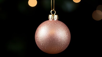 Fototapeta premium A pink ornament suspended from a gold chain against a black backdrop with twinkling lights in the background