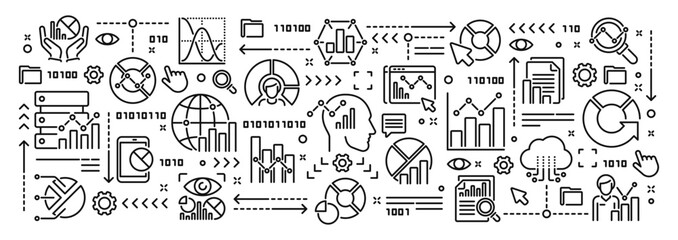 Vector conceptual illustration related to statistics, data analytics, infographic. Linear doodle banner or background for website or mobile app