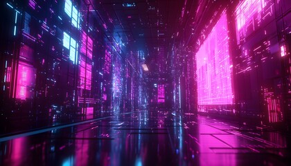 Fototapeta premium Futuristic Neon-Lit Corridor with Digital Interfaces