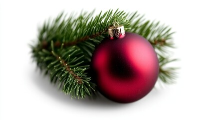  A tight shot of a Christmas ornament against a tree branch, set against a pristine white background
