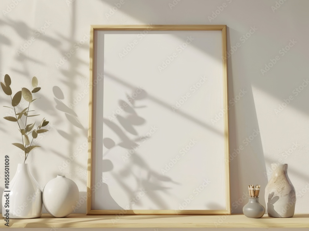 Wall mural a blank poster frame with a wooden frame and white background is on a wooden shelf with two white va