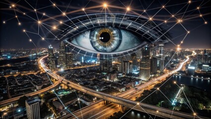 Obraz premium Night Photography of a Digital Eye with Data Streams Illuminating a Cityscape for Tech and Innovation