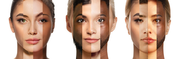 Collage featuring three faces made with portraits of various people of different ethnic...