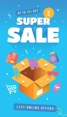 a poster for sale with boxes of gifts and a shopping cart