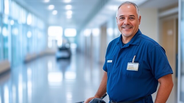 Janitor smiling and holding floor cleaning machine in hospital corridor