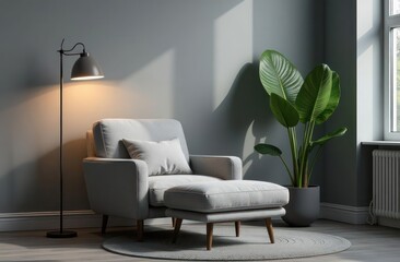Tranquil Reading Spot with Comfortable Armchair and Ottoman in Gray Tones