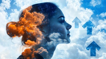 Woman Silhouette Over Clouds with Growth Symbols
