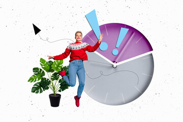 Composite trend artwork sketch image photo collage of young lady office huge clock show time...