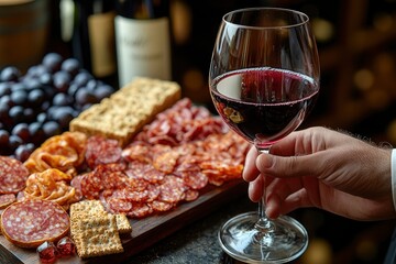 Naklejka premium A Hand Holding a Glass of Red Wine with a Charcuterie Board in the Background