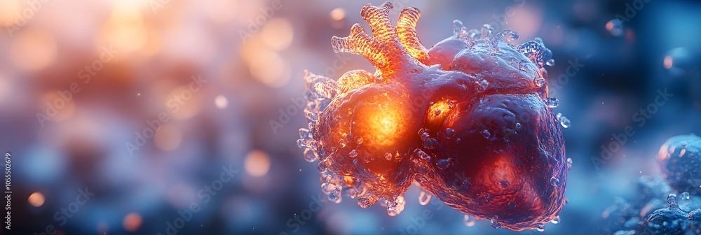 Poster glowing heart organ cell structure in digital conceptual medical,biological and scientific imagery s